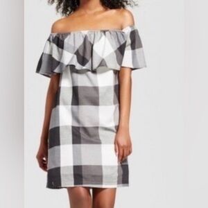 Cottagecore Who What Wear Black‎ White Plaid Ruffle Off Shoulder Dress 3X Beach